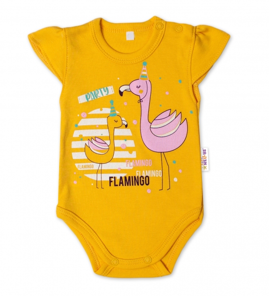 Baby Nellys Bavlněné kojenecké body, kr. rukáv, Flamingo - hořči