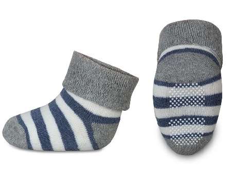 Ponožky dětské froté protiskluzové - PROUŽKY granátovo-šedé - ve
