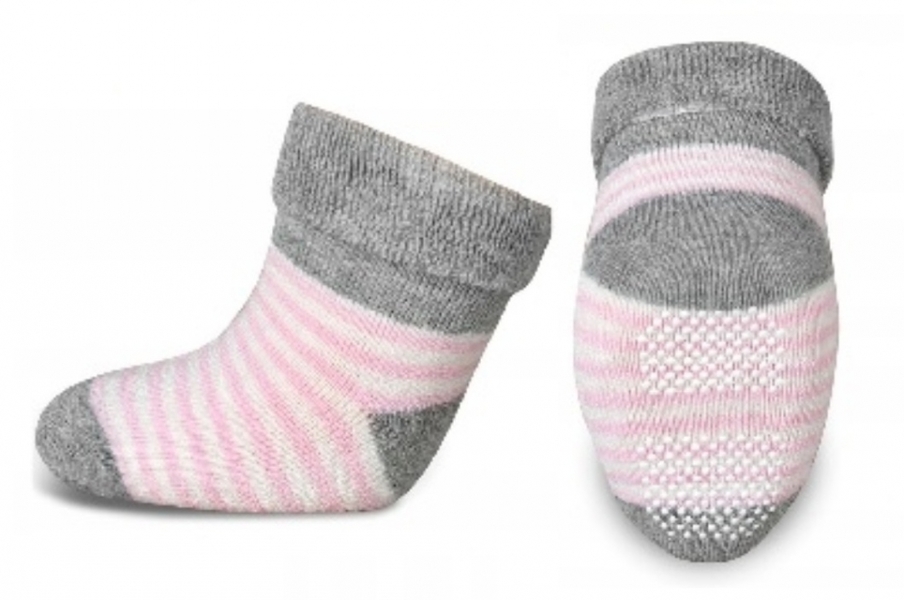 Ponožky dětské froté protiskluzové - JEMNÉ PROUŽKY růžovo-šedé -