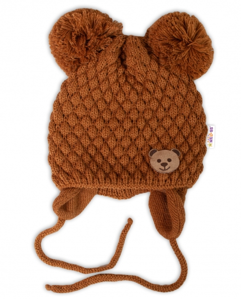 Zimní pletená čepice Teddy Bear na zavazování, hnědá, Baby Nelly