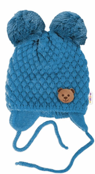 Zimní pletená čepice Teddy Bear na zavazování, modrá, Baby Nelly