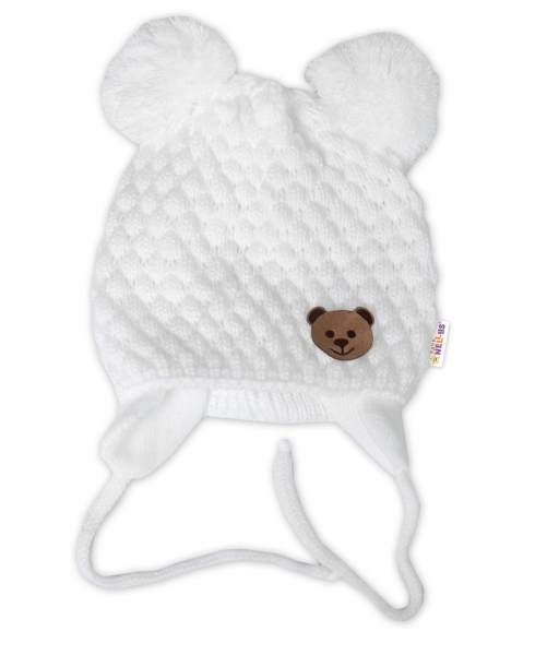 Zimní pletená čepice Teddy Bear na zavazování, bílá, smetanová,