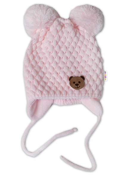 Zimní pletená čepice Teddy Bear na zavazování, růžová, Baby Nell