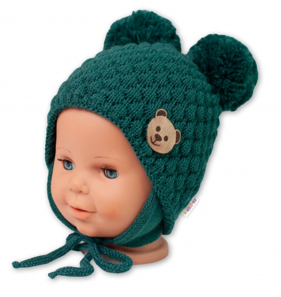 Zimní pletená čepice Teddy Bear na zavazování, zelená, Baby Nell