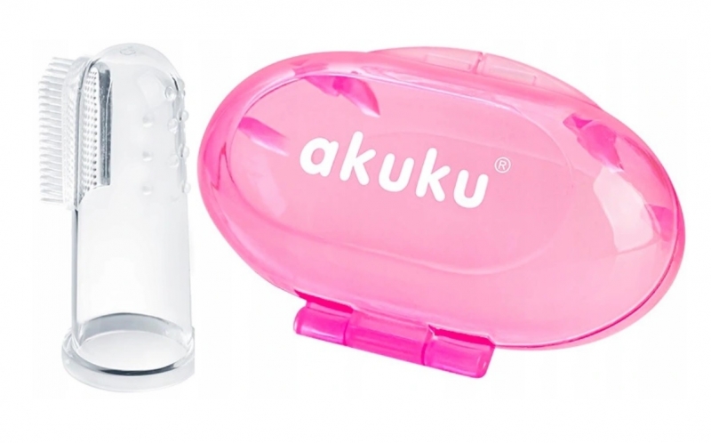 Zubní kartáček pro miminka, silikonový s pouzdrem - růžový, Akuk