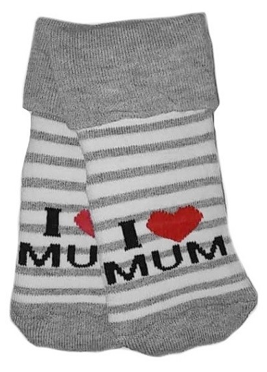 Kojenecké froté bavlněné ponožky I Love Mum, bílo/šedé proužek V