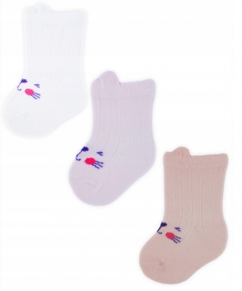 Kojenecké ponožky, 3 páry - Noviti - Kočička, bílá/růžová/losos,