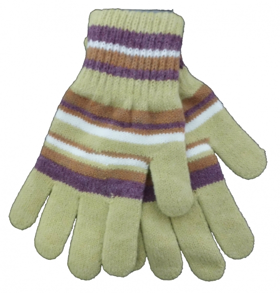 Rukavice dívčí/dámské prstové pletenina - PROUŽKY pískové s fialovou