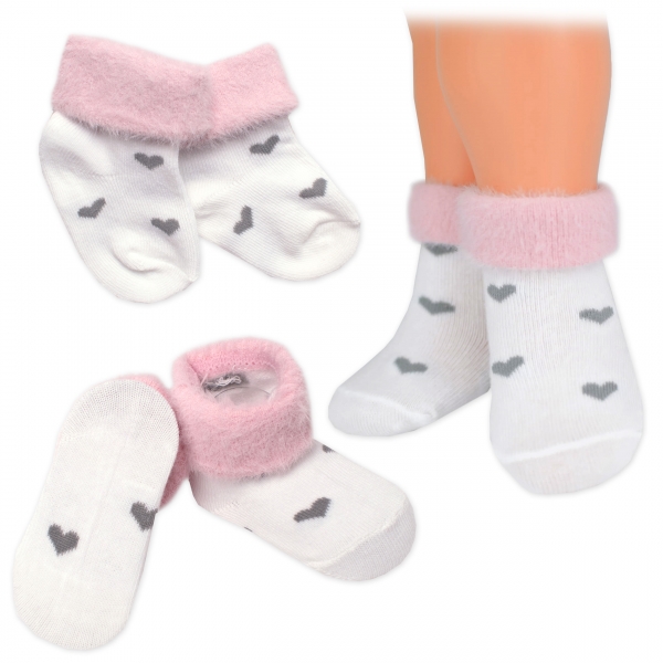 Bavlněné dětské ponožky s chlupáčkovým lemem - SRDÍČKA bílé - ve