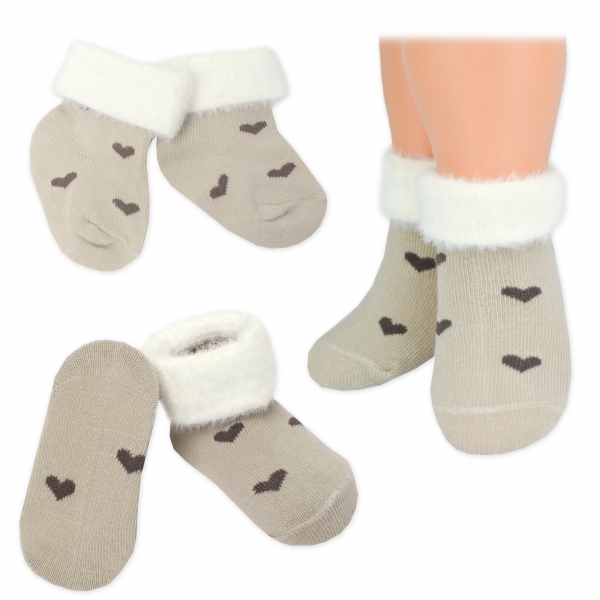 Bavlněné dětské ponožky s chlupáčkovým lemem - SRDÍČKA béžové -