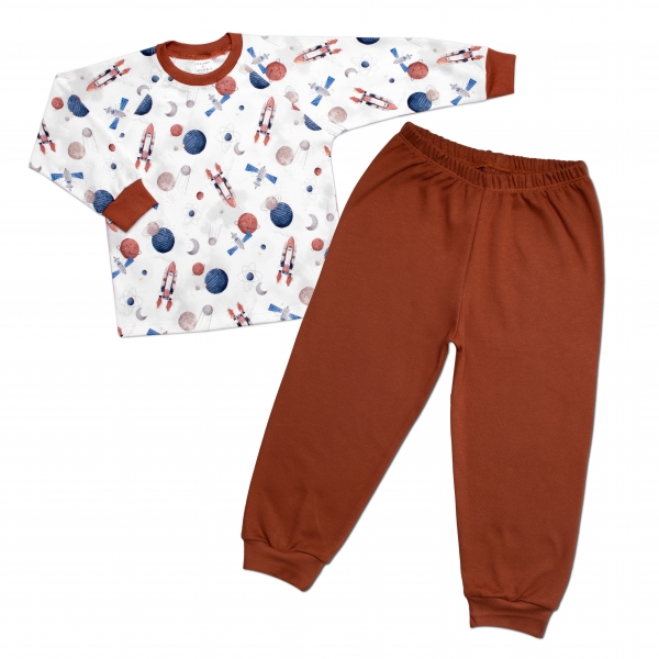 Dětské pyžamo 2D sada, triko + kalhoty, Cosmos, Mrofi, hnědá/bíl
