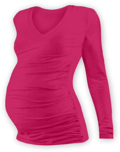 Těhotenské tričko - dlouhý rukáv - VÝSTŘIH DO V - tmavě růžové