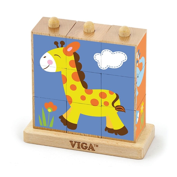 Dřevěné puzzle kostky na stojánku Viga Zoo