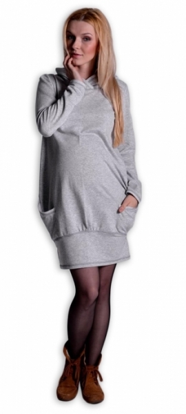 Těhotenské šaty dlouhý rukáv - KAPUCE šedý melír