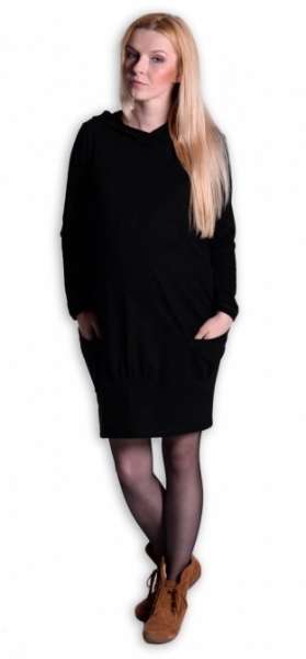 Těhotenské šaty dlouhý rukáv - KAPUCE černé
