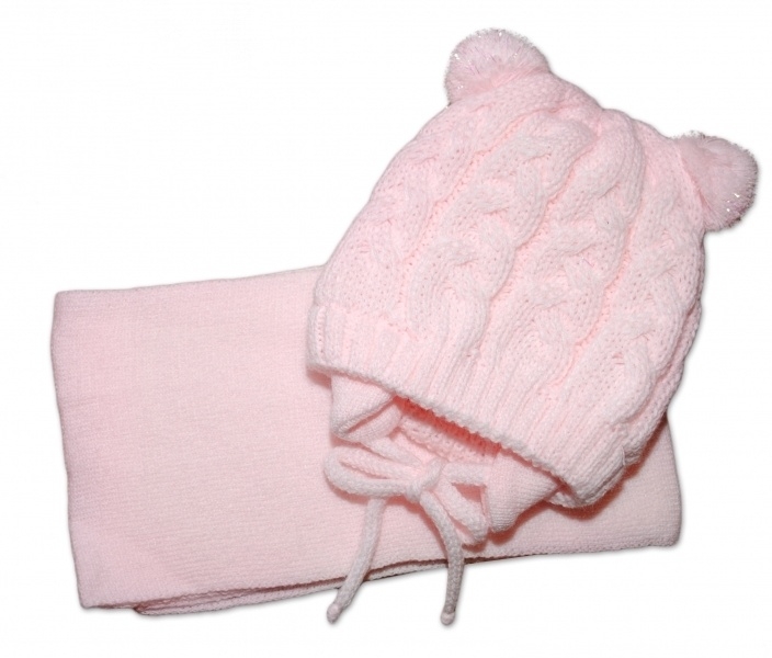 Zimní pletená kojenecká čepička s šálou TEDDY - sv. růžová, vel.