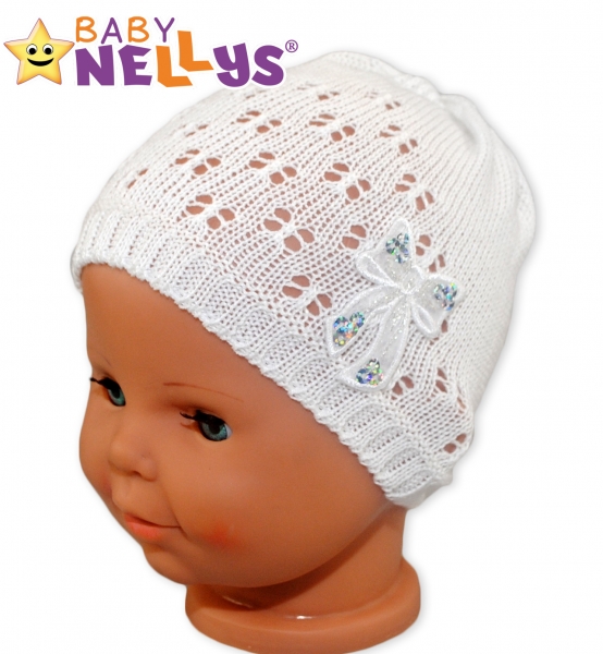 Háčkovaná čepička Mašle Baby Nellys ® - s flitry - bílá Velikost