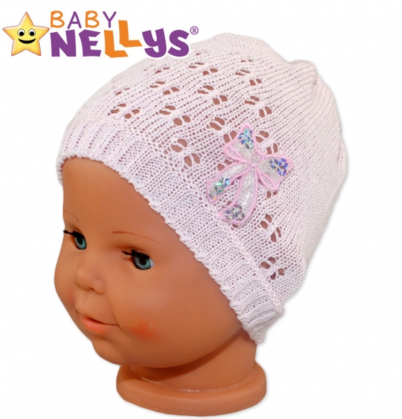 Háčkovaná čepička Mašle Baby Nellys ® - s flitry - sv. růžová Ve