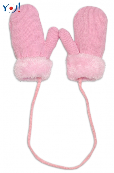 Zimní kojenecké rukavičky s kožíškem - se šňůrkou YO - sv. růžov
