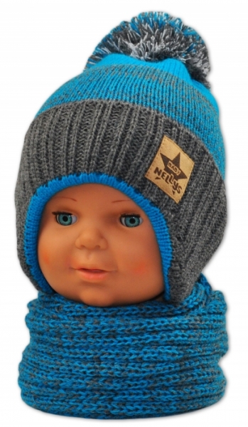 Čepice dětská pletená s komínkovou šálou - BAMBULE modro-šedá 