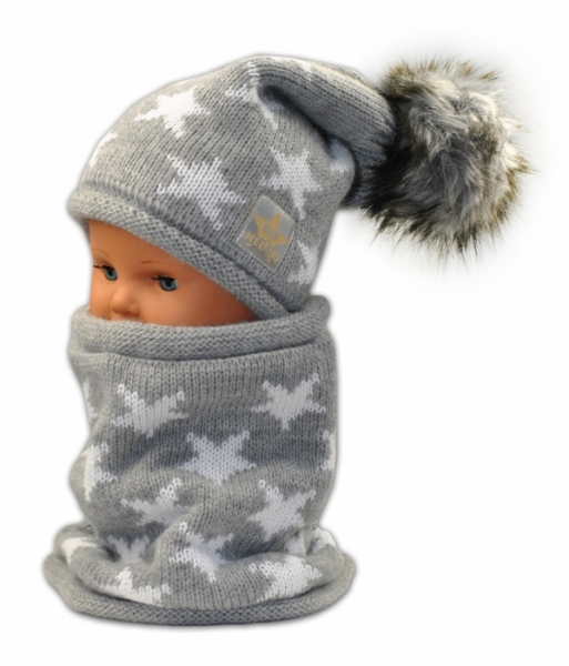 Čepice dětská pletená s komínkovou šálou - HVĚZDIČKY bílé na šedém 