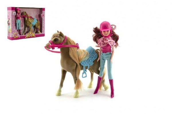 Kůň česací s doplňky + panenka žokejka 23cm plast v krabici 34x2