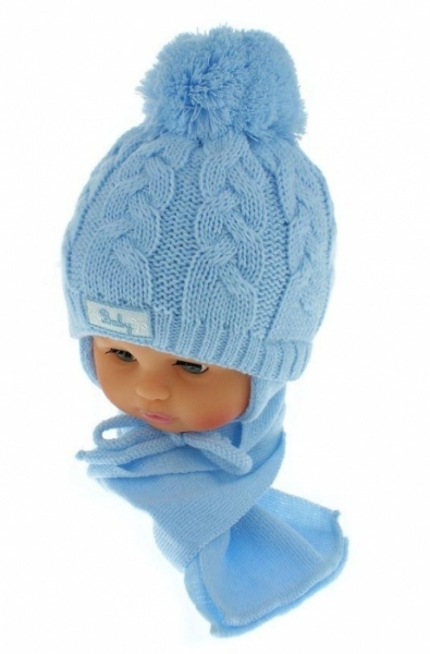 Čepice dětská pletená se šálou - BABY modrá - 6-18měs.