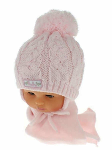 Čepice dětská pletená se šálou - BABY růžová - 6-18měs.