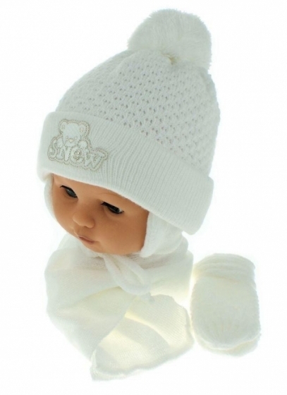 Čepice dětská pletená se šálou a rukavičkami - SNOW bílá s výšiv