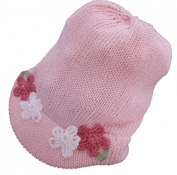 Čepice dětská přízová s kšiltem - KVĚTINY růžová 